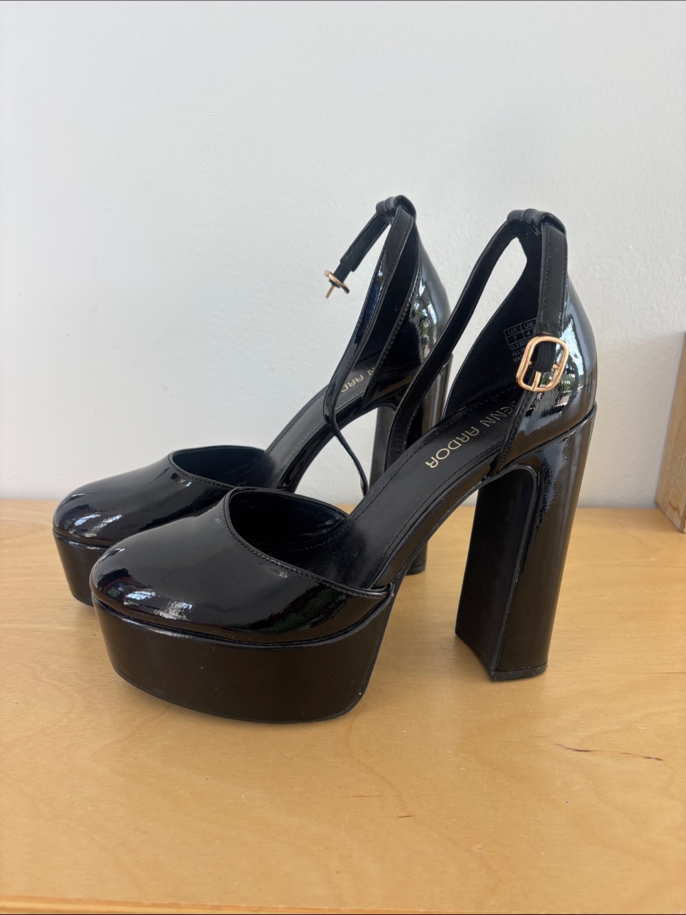 Jenn Ardor Black Patent Platform Heels with Ankle Buckle